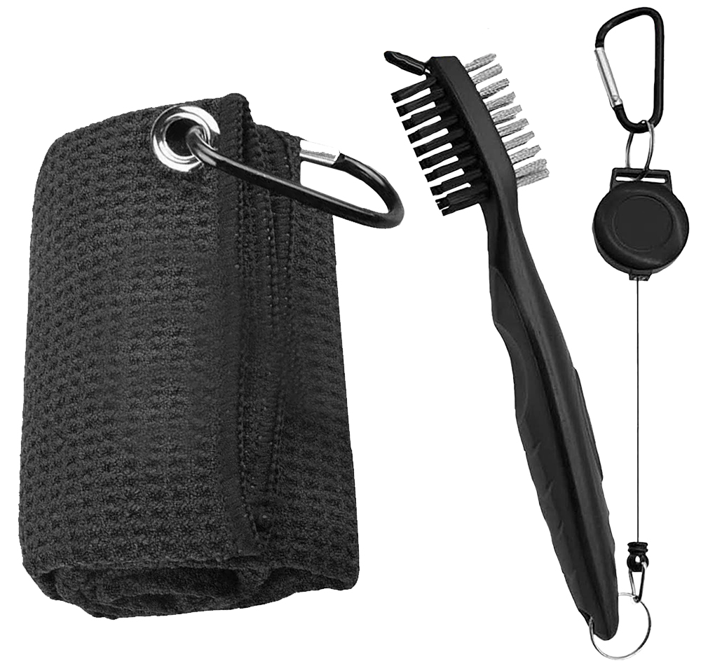 Golf Equipment Kit - ชุดแปรงทำความสะอาดไม้กอล์ฟและผ้าเช็ดทำความสะอาดแบบครบชุด พร้อมแปรงทำความสะอาดร่องสองด้านและอุปกรณ์ทำความสะอาดหัวไม้พัตเตอร์ เวดจ์ และลูกกอล์ฟ